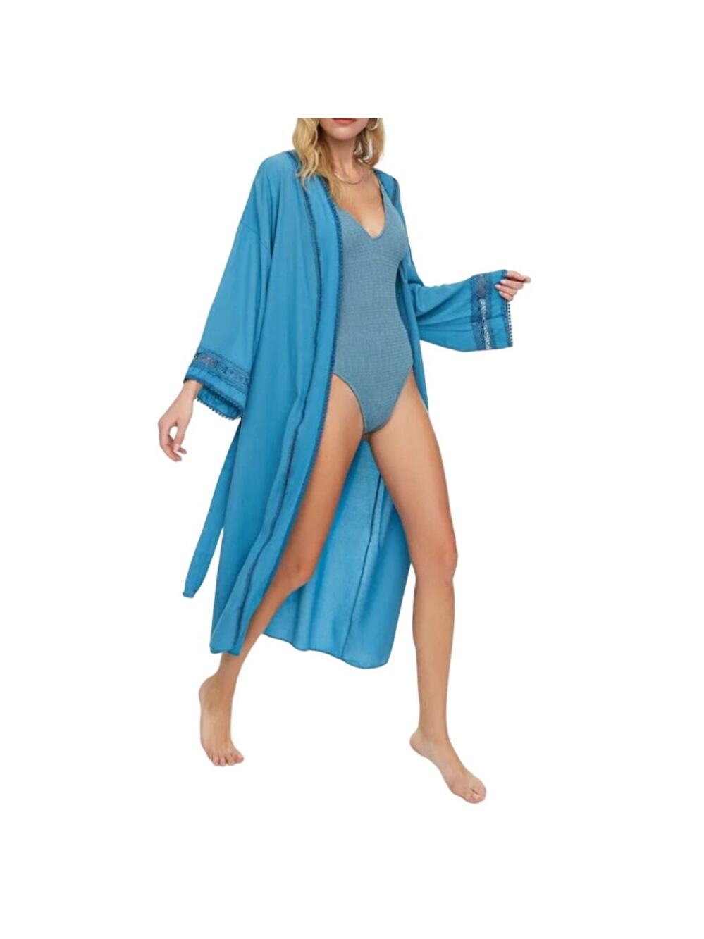 TRENDYOL Belted Midi Woven Self-Tie Kaftan Robe Lace-Trim V-Neck Turquoise Sz XL